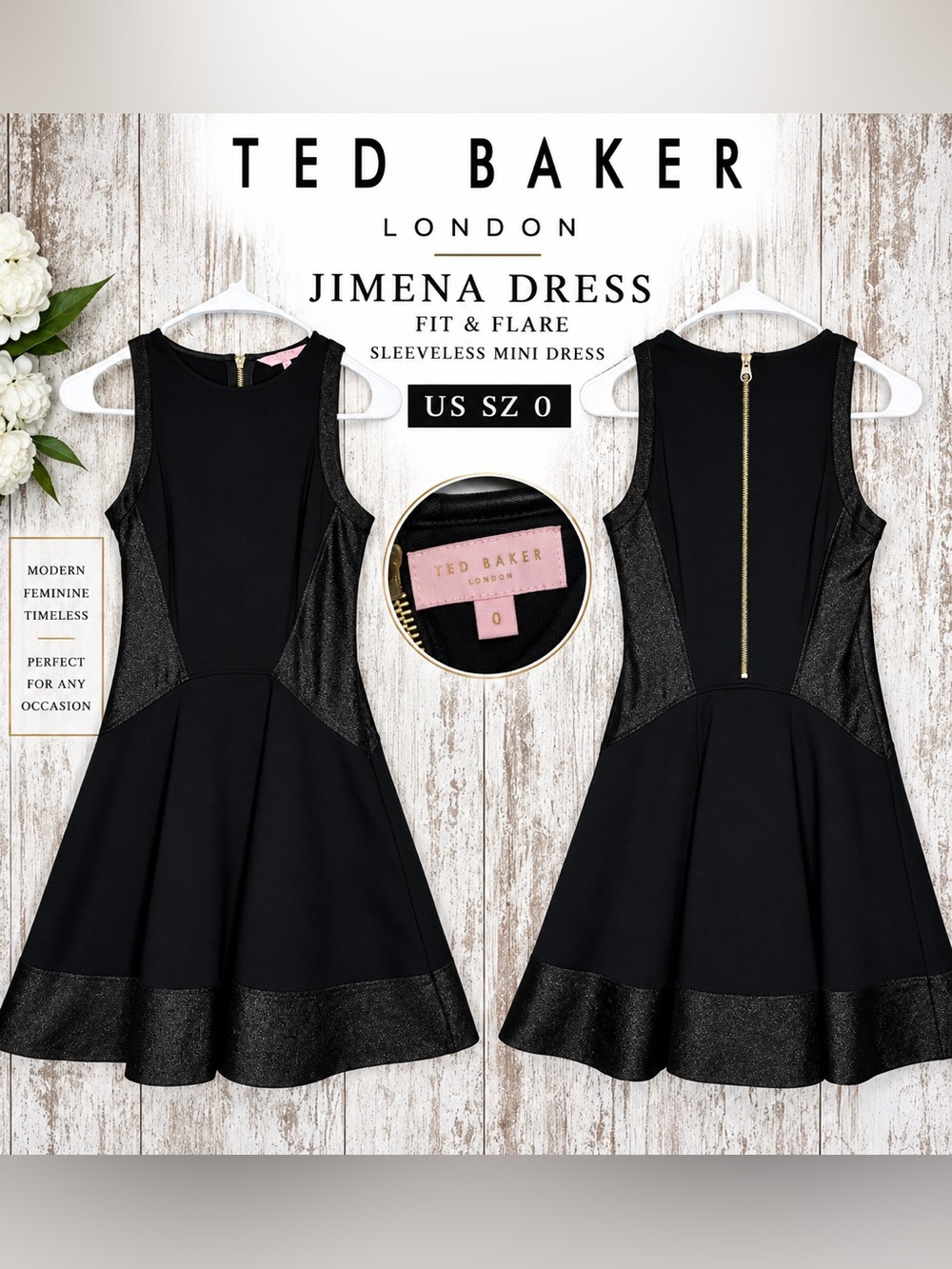 Ted Baker Jimena Black Metallic Fit & Flare Sleeveless Mini Dress Women’s US 0